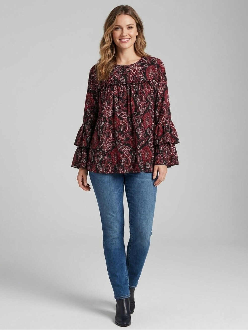 MK Paisley Bell-Sleeve Blouse size XS Black & Burgundy